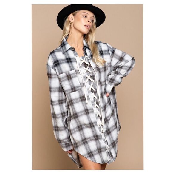 BOHO Black Plaid Lace up Shirt - Picture 4 of 11